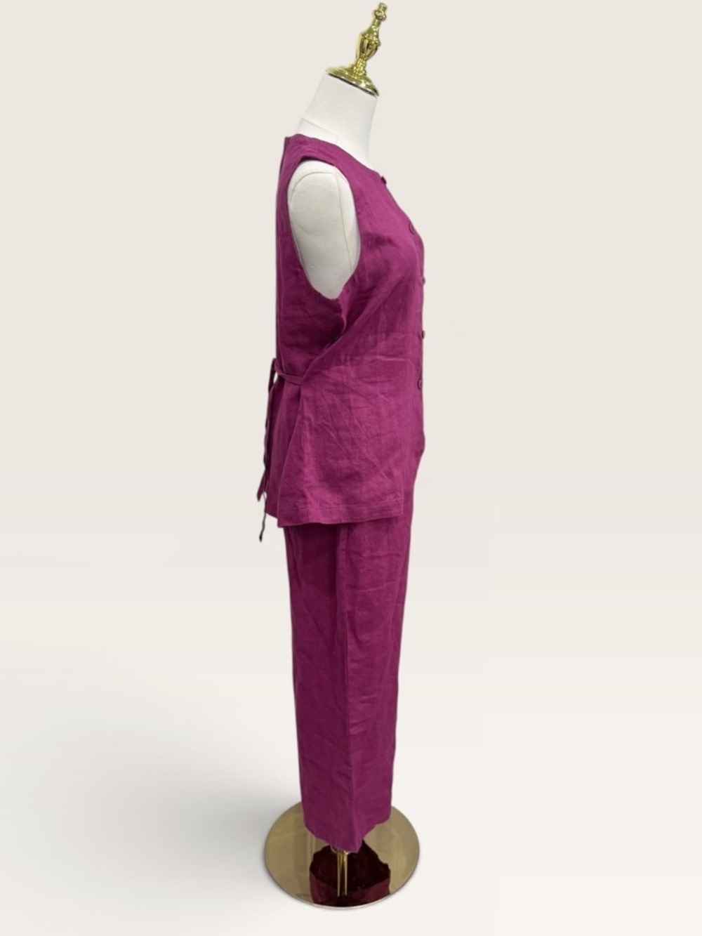 Eileen Fisher Organic Linen Crop Wide Pant & Round Neck Long Vest Set Sangria XS - Picture 4 of 16
